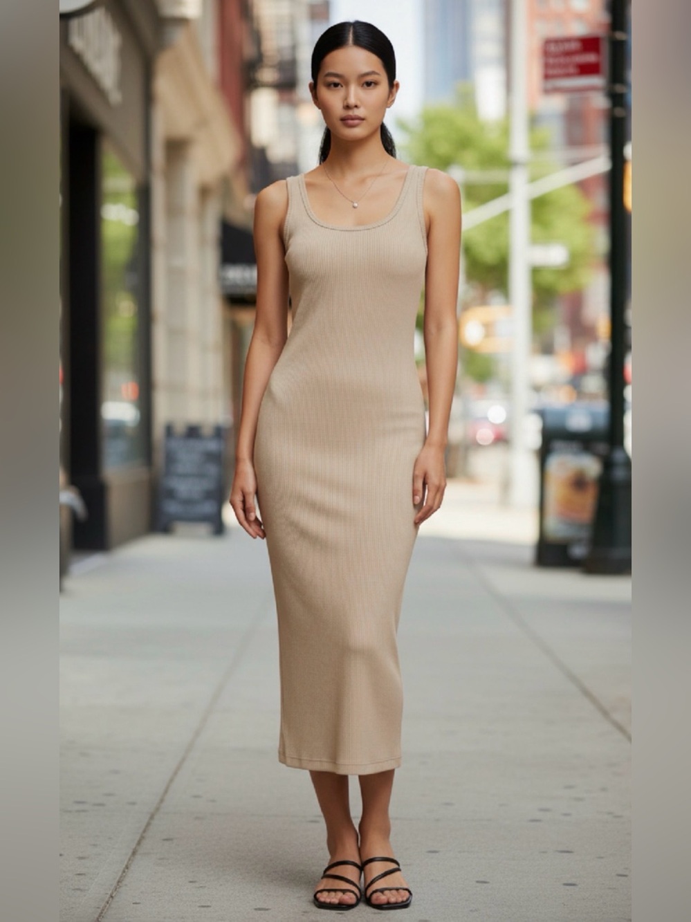DYNAMITE Sleeveless Ribbed Tank Midi Dress in Taupe